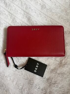DKNY Red Saffiano Zip Around Wallet Gold Logo NWT RFID Continental Clutch